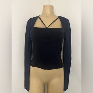 ZARA Black Ribbed Long Sleeve Cutout V-Neck Top Size M
